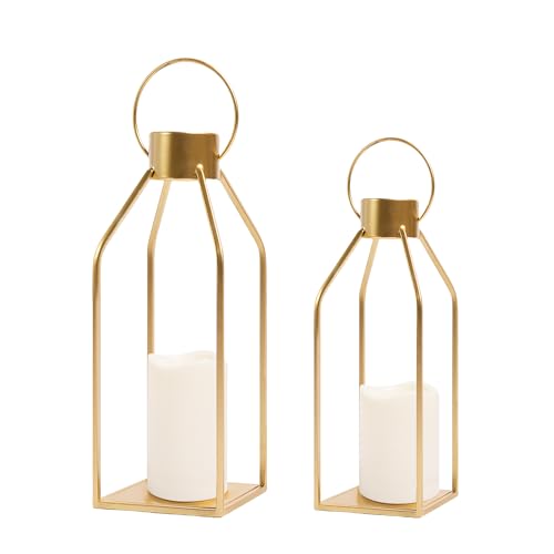 HPC Decor Modern Farmhouse Lantern Decor- Gold Metal Candle Lanterns for Christmas- Lanterns Decorative w/Timer Flickering Candles for Living Room, Home, Indoor, Outdoor, Table,Fireplace Mantle Decor by HPC DEC R OUR HAPPY PLACE - Used condition - US$25.57