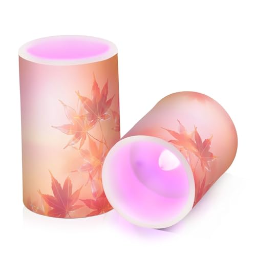 Image of Thanksgiving Decorations Lights Flameless Candles Thanksgiving Autumn Leaves Golden Maple Leaves Pillar Candles Set of 2 Battery Operated Remote Control Warm Lights