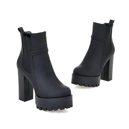 Women's Round Toe Ankle Boots Chunky High Heel Chelsea Style Platform Slip-On Winter Slouch Leather Wide Calf Stretchy Biker Shoes2