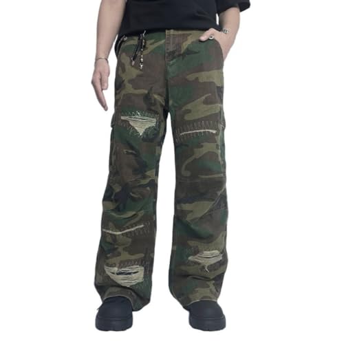 Mens Irregular Ripped Frayed Straight Leg Vintage Camo Denim Pants with Cargo Pockets