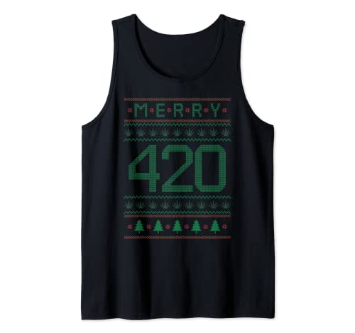 Merry 420 Weed Marijuana Ugly Christmas Sweater Stoner THC Camiseta sin Mangas