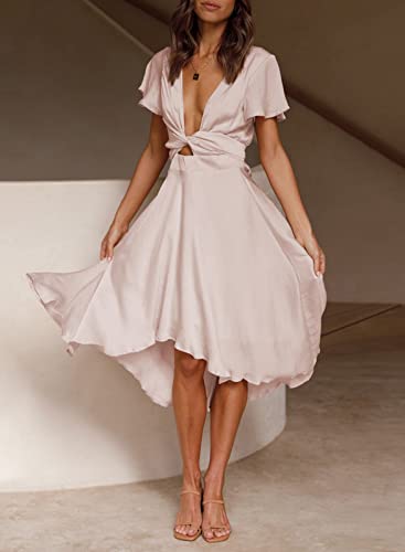 Image of miduo Womens Satin V Neck Ruffle Short Sleeve Tie Front High Waist Midi A-Line Maxi Dresses
