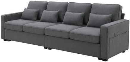 Miniatura 3 de LUMISOL Moderno sofá de 4 plazas, cómodo sofá modular tapizado con bolsillos para reposabrazos y 4 almohadas, sofá de estilo minimalista para sala