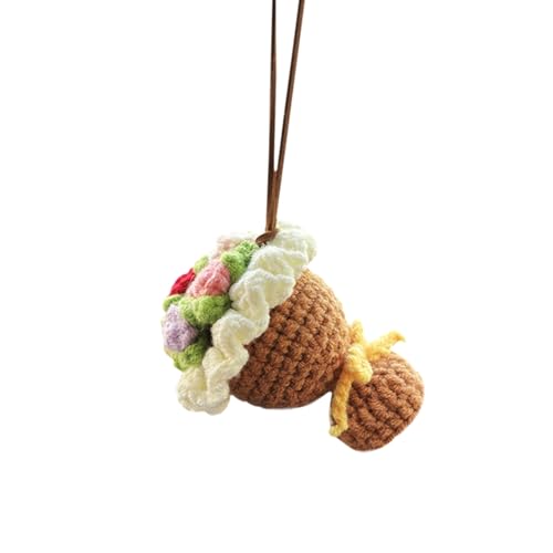 Handmade Flower Car Rear View Mirror Accessory, Crochet Rose Car Mirror Pendant Charm, Auto Hanging Ornament, Vehicle Interior Decoration for Women Present (Brown)