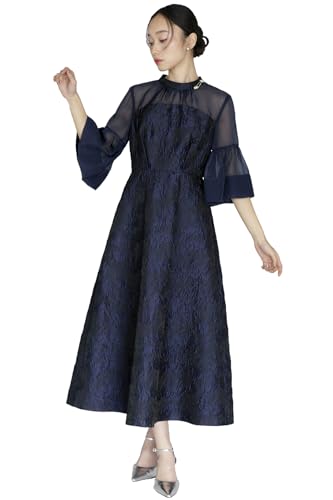 [ルイ ルエ ブティック] フェミニン シアー ジャカード ドレス ワンピース レディース ミセス ママ フォーマル ロング 半袖 透け袖 フレア 光沢 模様 大きいサイズ 式典 セレモニー 体型カバー 結婚式 二次会 パーティ パーティー M(9号) ネイビーU1694-M-NE
