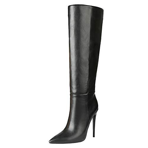Roimaash Mode Femmes Knee Bottes Hautes Talons Aiguilles Bout Pointu Bottes Longues Pull on Soirée Fête Bottes hautes Metallic Black Size 41 Cover