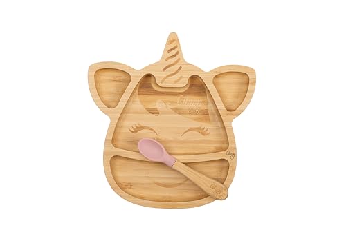 Juegos de vajilla marca Citron. Modelo Citron Plato de bambú con ventosa y cuchara rosa