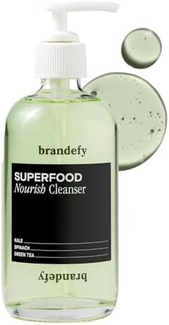 Brandefy Superfood Face Wash, Gentle & pH Balanced Cleanser w/Kale, Green Tea, Spinach, Vitamin C, E, K2- Softens & Nourishes Skin, Organic Facial Cleanser for All Skin Types (8 Fl Oz)