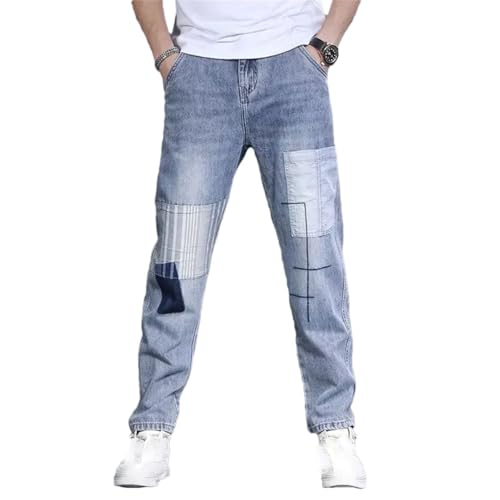 Men’S Retro Cowboy Loose Fit Straight Leg Patchwork Denim Pants Button Fly Midweight Ankle Length Work Wear Jeans