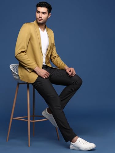 Image of SHOWOFFFF Men Solid Single Breasted Casual Blazer | Notched Lapel Full Sleeves Cotton Blazer for Mens | Slim Fit Regular Length Blazer for Men's