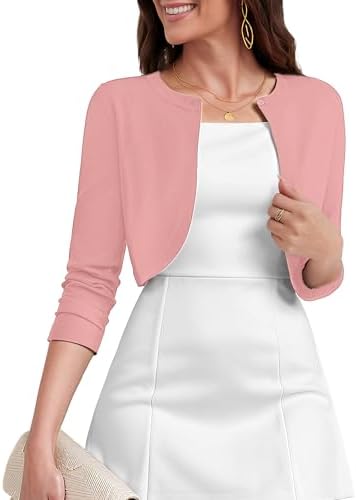 Heymoments Women's 3/4 Sleeve Casual Shrugs Lightweight Open Front Cropped Cardigan for Dresses