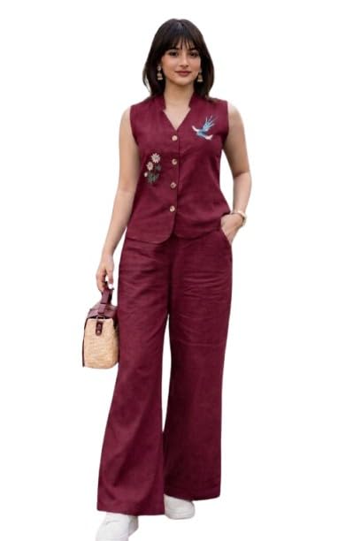 Image of Lyssa Yellow Ember Embroidered Co-Ord Set for Women, Sleeveless Vest with Wide-Leg Trousers