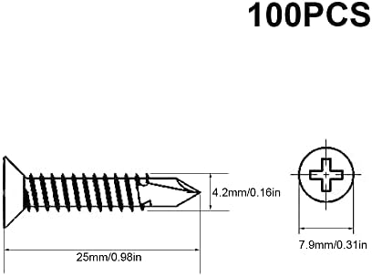 ComPDCVD 100pcs 4.2 x 25mm Self Drilling Countersunk Screws 410 Stainless Steel Self Tapping Screws Cross Countersunk Drill Tail for Metal Sheets Roofing Windows
