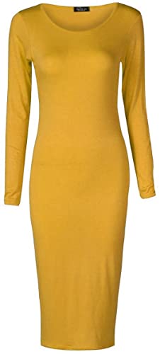 Crazy Girls Womens Plain Long Sleeve Scoop Neck Stretch Bodycon Maxi Midi Dress (XL-UK16-18, Mustard)