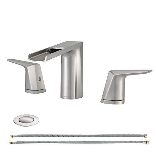 EZANDA 2-Handle Bathroom Sink Faucet, Widespread Waterfall Lavatory Faucet with Pop-up Drain Assembly & Faucet Supply Lines, Brushed Nickel, 1431202