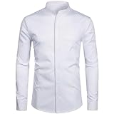 UIOKLMJH Camisa de vestir con cuello mandarín y botonadura simple para hombre, de manga larga, informal, con botones y bolsillo, blanco, L
