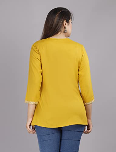 Image of Shiva Fab Short Kurti for Women | Embroidered Straight Rayon Kurta | Round Neck Full Sleeves Short Kurti for Women's