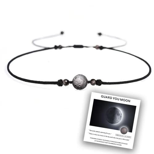 Silver Obsidian Moon Necklace - Meteorite Pendant - Adjustable Handmade Braid Necklace For Teen Girls - Matching Necklace Couple Necklace #TOP12