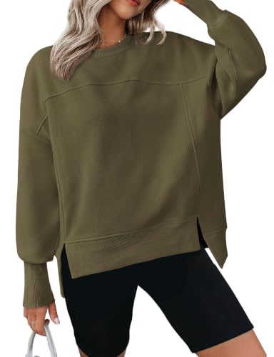 BTFBM Women's Casual Crewneck Sweatshirts Long Sleeve Side Slit Workout Fleece Pullover Top 2026 Fall Fashion Clothing(Army Green, Medium)