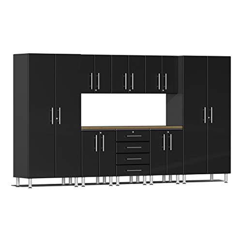 Ulti-Mate UG23092B 9-Piece Garage Cabinet Kit with Bamboo Worktop in Midnight Black Metallic