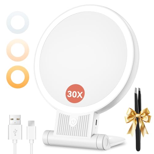 Auxmir 30X Magnifying Mirror Double Sided 1X /30X Makeup Mirror with Light Folding Lighted Rechargeable Beauty for Travel Rotating 3 Color Lights Dimmable Touch Screen