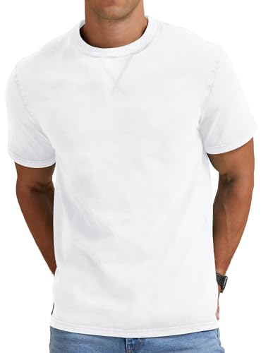 NITAGUT Men’s Distressed T-Shirts Cotton Crew Neck Vintage Tees Summer Casual Shorts Sleeves Tops,White,XL