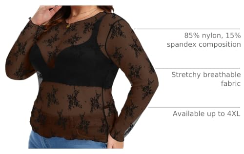 AYIFU Women's Lace Mesh Top Sheer Plus Size See Through Floral Long Sleeve Mock Neck Blouse Tops (White/Black 2-Pack, 2XL) by AYIFU - Used condition - Image 2