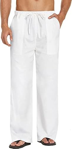 Seganup Men Cotton Linen Yoga Pants Casual Drawstring Elastic Waist With Pocket Exercise Pants Baggy Beach Hippie Pants White #TOP8