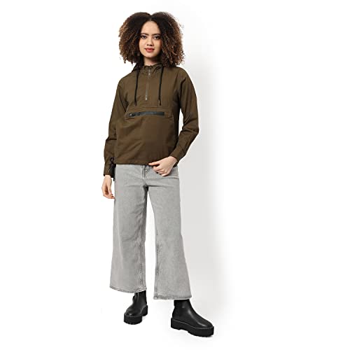 Image of Campus Sutra Women's Olive Green Solid Utility Jacket With Cuffed Sleeves For Casual Wear | Hooded Neck | Long Sleeve | Zipper Closure | Cotton Jacket Crafted With Comfort Fit For Everyday Wear