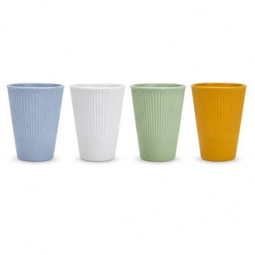 Image of Wheat Straw Cups - Set of 4 Reusable 400ml Drinking Glasses | Ribbed Unbreakable Lightweight Tumblers for Water, Juice, Tea, Coffee | Home, Kitchen, Outdoor Use (Multicolor)