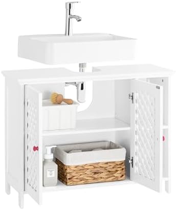 SoBuy Meuble sous Lavabo Salle de Bain avec 2 Portes et Niche Ouverte – Meuble Vasque en MDF E1, Étagère Réglable, Charge 42kg – Armoire Salle de Bain 80x31,5x60,5cm BZR210-W