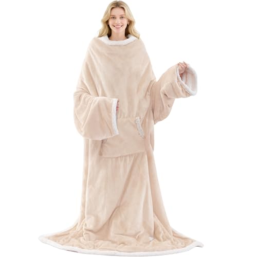 Image of Wearable Electric Blanket with Foot Pocket and Sleeves, Heating Throw Blanket, 6 Heating Levels & Auto Shut Off, Machine Washable (Long, Beige)