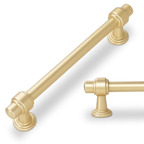 POVEFONK 10 Pack Brushed Gold Cabinet Pulls 6-1/4 Inch(160mm) Hole Center Drawer Pulls Cabinet Hardware Kitchen Cabinet Handles for Bathroom Dresser Pulls