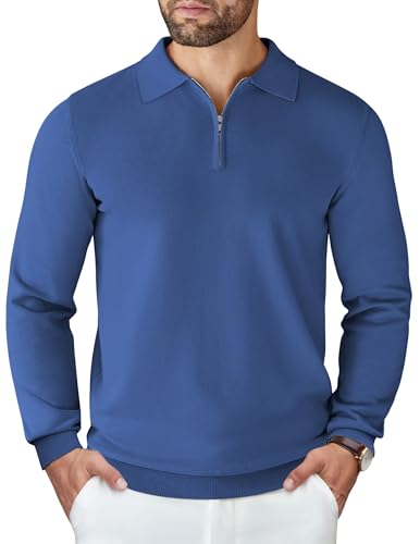 COOFANDY Mens Knit Polo Sweater Casual Long Sleeve Quarter Zip Polo Sweater Classic Golf Shirts Denim Blue