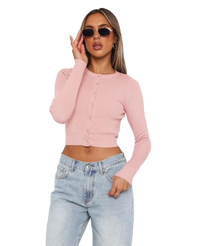 Image of Cardigan Sweaters for Women Crew Neck Cropped Sweater Tops Dressy Casual Long Sleeve Shirts