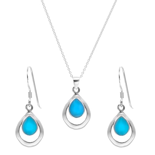 Parure turquoise en argent 925 véritable et boucles d'oreilles poire luxe