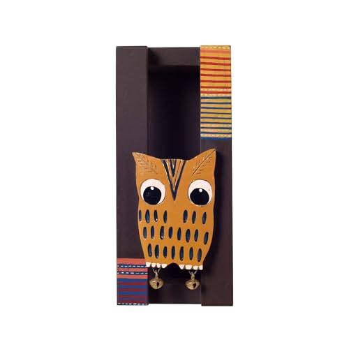 Image of Aakriti Art Creations Abstract Art Wooden Towel Holder | Wise Owl Hand-Painted Wall Painting | Matte Finish Brown Wall Mounted Towel Holder for Bath & Wash Area