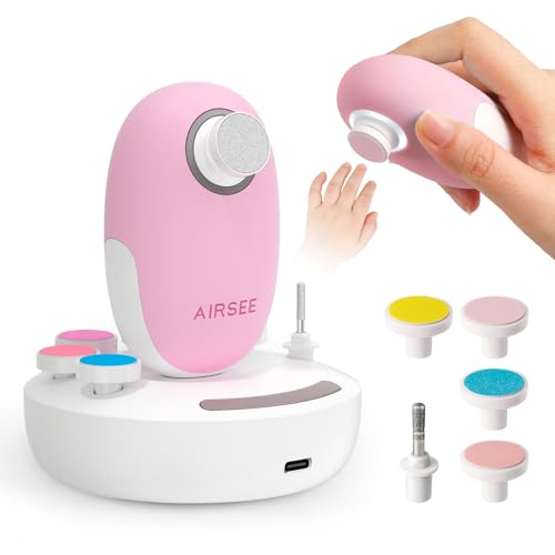 AIRSEE Baby Nail Trimmer Electric with LED Light, Newborn Clipper, Safe & Easy Electric Nail File Baby Care Set, 6 Replacement Heads & Storage Case, Candy Pink