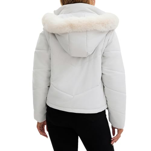 Women's Winter Cropped Padded Coat Thicken Quilted Puffer Jacket Long Sleeve Warm Parka with Detachable Faux Fur Hood4