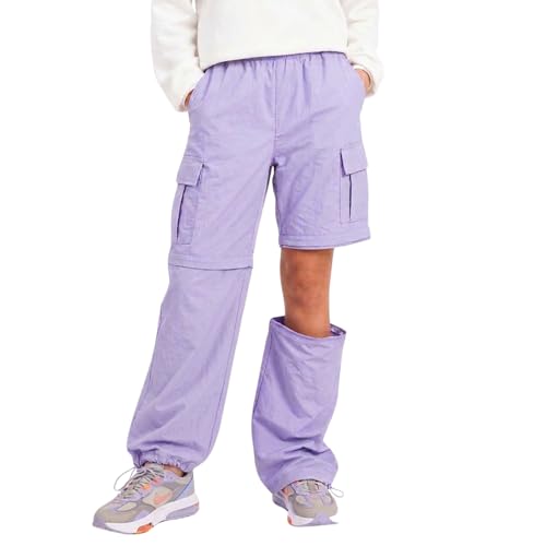 Lightweight Cargo Pants for Girls Kid Convertible Water-Resistant Zip-Off Outdoor Pants with Drawstring & Pockets Purple