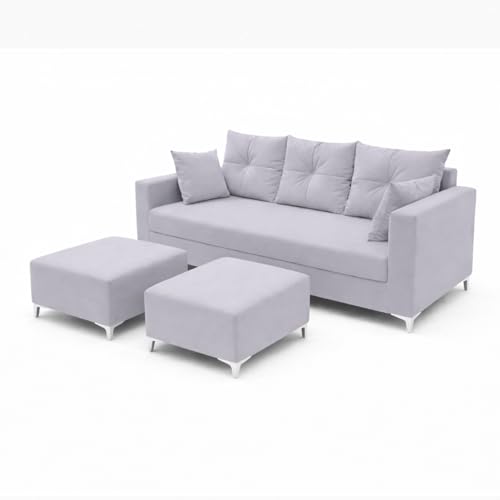 Image of Zora 5 Seater L Shape Sofa Set with 2 Movable Ottomans | Flexible Layout | Rich Velvet Suede Fabric | Silver Legs | Spacious Seating | Modern Sofa for Living Room (Light Grey)
