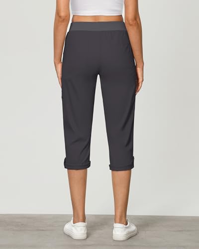 GRAPENT Capri Cargo Pants for Women High Waisted Pull On Elastic Waist Stretch Twill Fold Hem Capris Pants with Pockets3