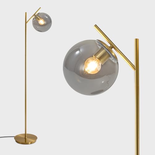 Image of Farmhouse Floor Lamp Retro Smoky Gray Glass Standing Tall Lamps Vintage Brass Freestanding Floor Lamps Adjustable Globe Floor Lamp for Office Bedroom