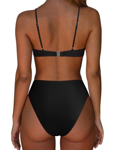 SUUKSESS Women High Waisted String Bikini Sets Sexy Two Piece Cheeky Cutout Swimsuits High Cut Bandeau Bathing Suit(Black,X-Large) — view 2