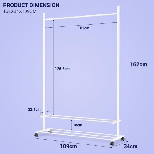 Image of Lukzer Single Rod Metal Garment Rack with Wheels & 2 Bottom Shelves, Portable Clothes Stand /Coat Hanger Rack with Shoe Storage for Bedroom, Entryway & Open Wardrobe (White /109x34x162 cm)