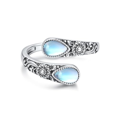 Bague pierre de lune femme argent 925 vintage tournesol
