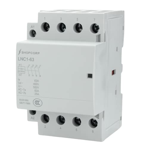 Shopcorp 4 Pole Contactor 120v Coil Normally Open 50 amp IEC 400V AC Contactor with 110/120VAC Coil - Motor Load 40A and Lighting Load 63A (Silent Operation) | with Mounting Base for DIN Rail