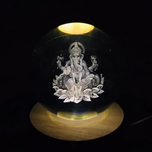 Image of 3D Crystal Ganesh Ji Lamp Engraved LED Globe Lamp, USB Wooden Base, Warm White Table Light for Temple Home & Office Decor, Birthday & Anniversary Gift (6cm)