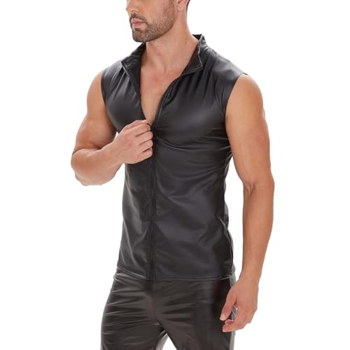 Image of Men Soft Leather Tank Top, Shiny Matte Leather, Elastic, Full Zipper Leather Vest