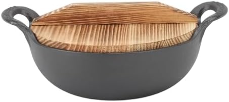 Walfront 14 Inch Cast Iron Wok with Wooden Lid PreSeasoned Nonstick Stir Fry Pan Flat Base Authentic Asian Cooking Stovetop Oven Safe (20cm) - Thumbnail 3